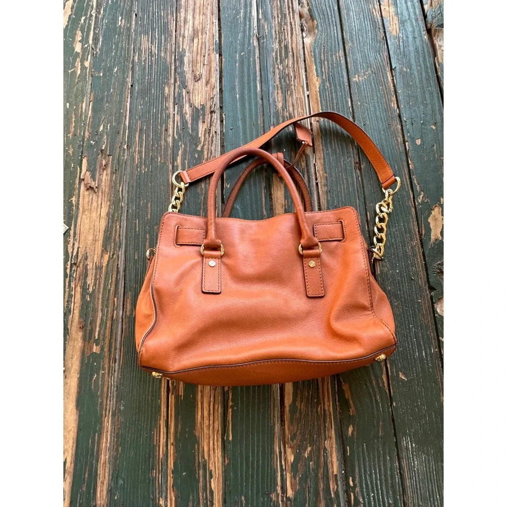 Michael Kors Hamilton Cognac Leather Satchel Gold Padlock Handbag with Pouch